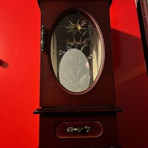 -Dark wooden jewelry box chest w/mirror inside -bracelet drawer bottom -hanger